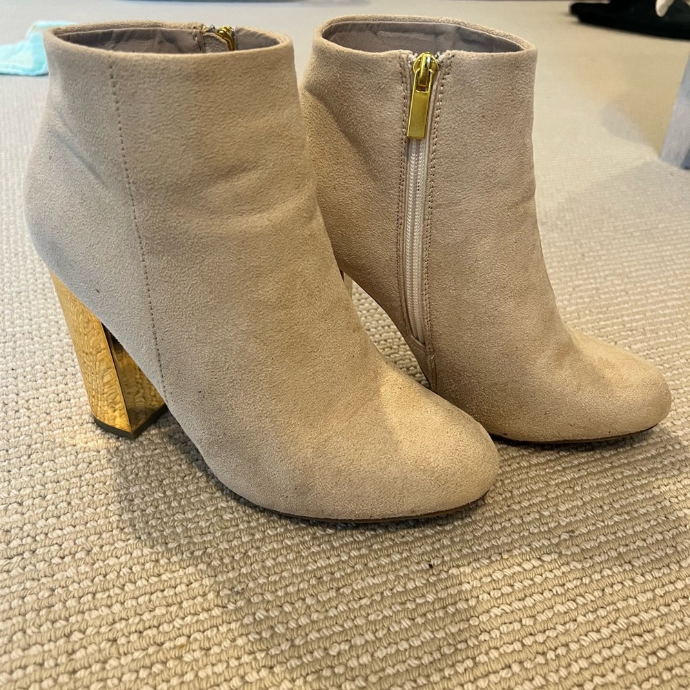 Suede booties with gold block heel